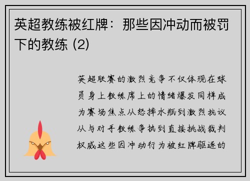 英超教练被红牌：那些因冲动而被罚下的教练 (2)